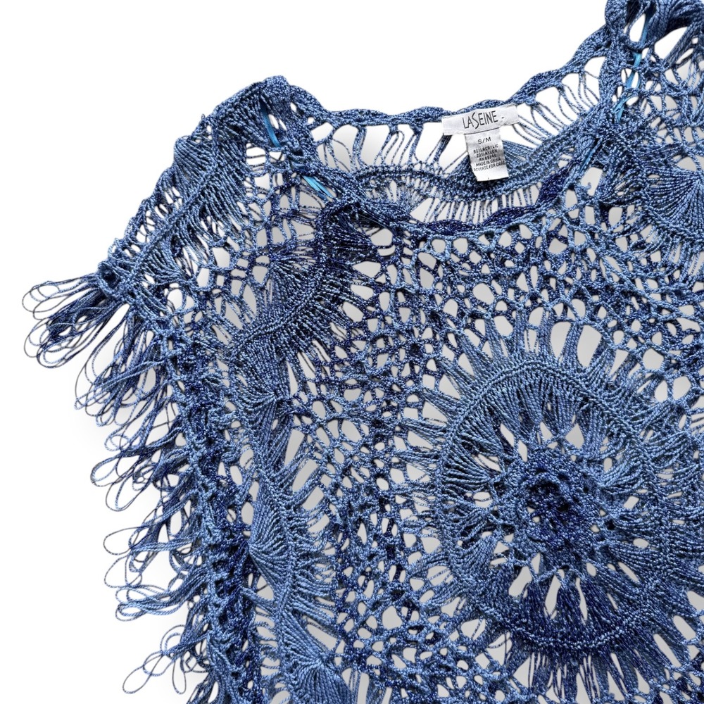 La Seine S/M Light Blue Crochet Fringe Tassel Medallion Openknit Poncho Festival